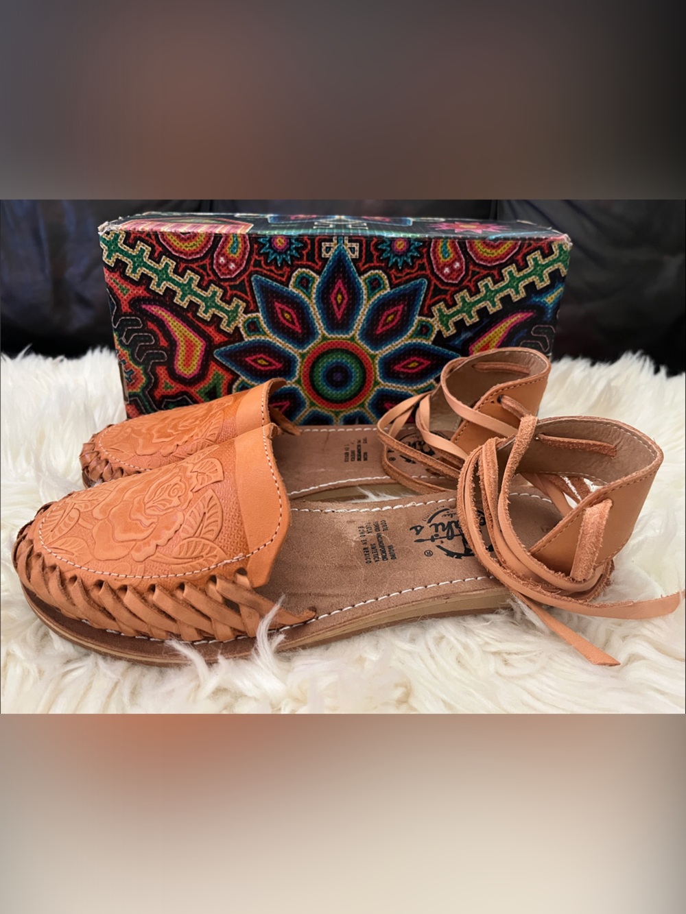 Women’s Tan Leather Huarache Sandals with Ankle Tie